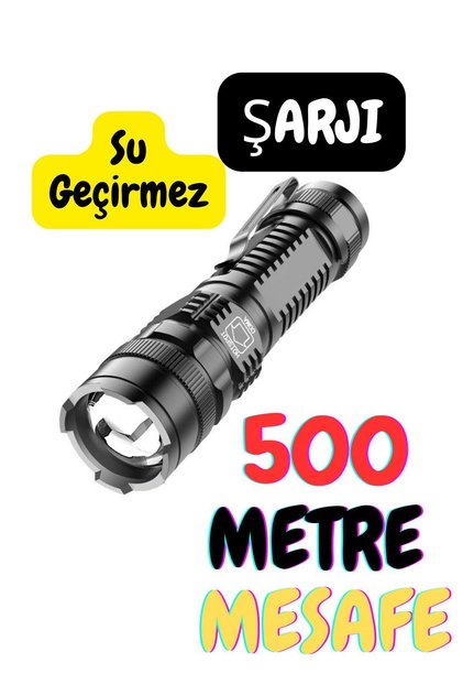 500 Metre Mesafe Su Geçirmez Şarjlı El Feneri 3 Fonksiyonlu Fener