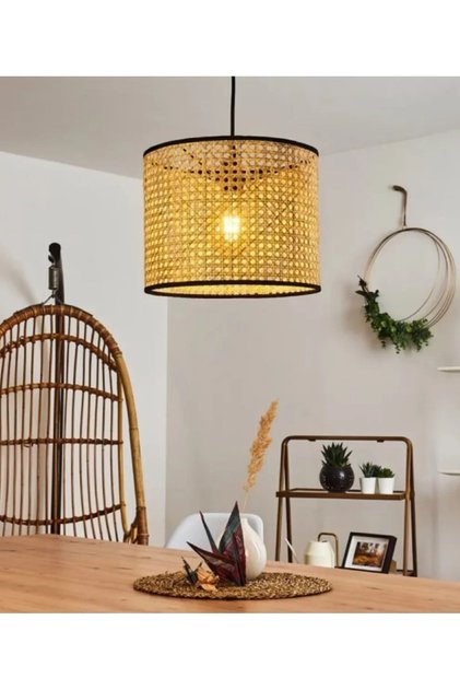 Modern Rattan Boheme Tasarım Salon Mutfak Oturma Odası Avize Doğal Hazeran Tekli Avize Hasır 25 Cm