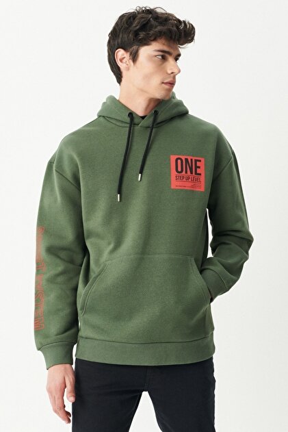 Loose Fit Rahat Kesim Kapüşonlu Şardonlu Haki Sweatshirt