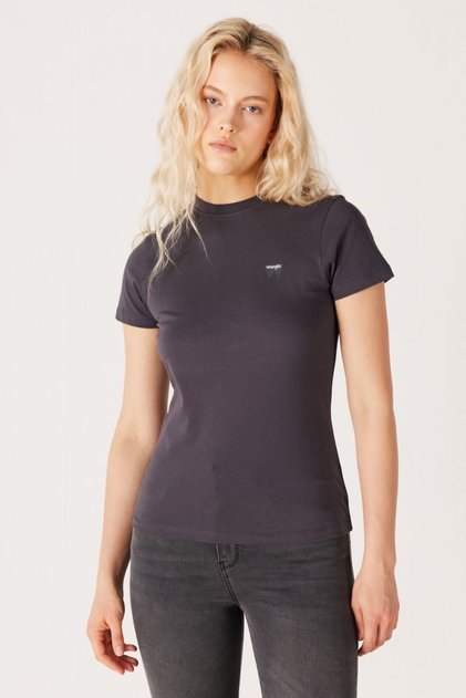 Slim Fit Dar Kesim Bisiklet Yaka %100 Pamuk Kadın Antrasit Logolu Tişört