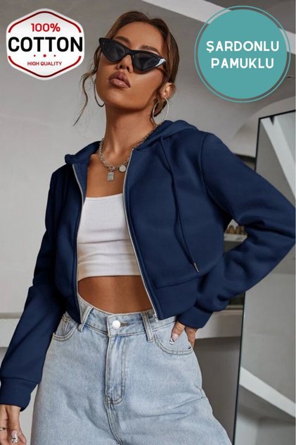 Women's navy blue cropped fitted hooded zip-up fleece cardigan sweatshirt