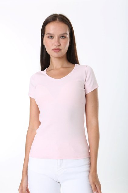 Kadın Basic V Yaka T-shirt ,Fitilli Kaşkorse Kumaş bluz