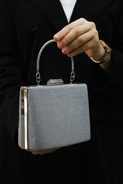 Women's Silver Glitter Evening Dress, Clutch Evening Bag