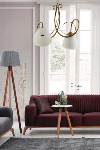 Betül Modern Eskitme Rengi Kasa Beyaz Opal Camlı Ikili Avize