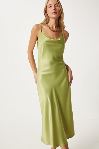 Happiness stanbul Women's Pistachio Green Degaje Collar Satin Surface Dress  Fn03300- Trendyol