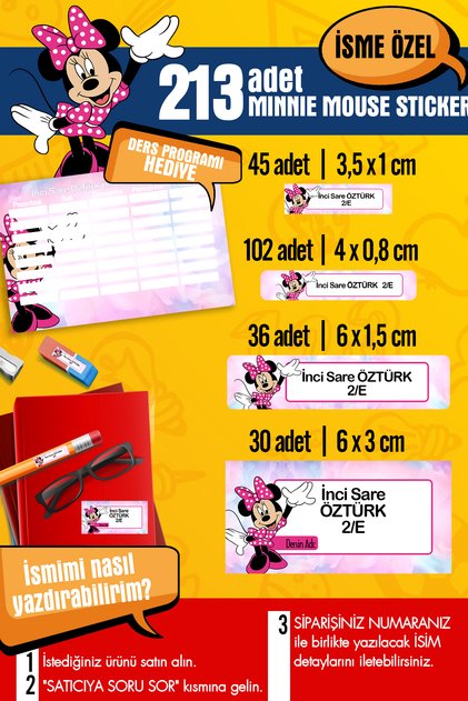 Okul Etiketi MINNIE MOUSE Temalı Özel İsim Yazılabilen Kalem, Defter, Boya, Kitap Etiketi - 213 Adet