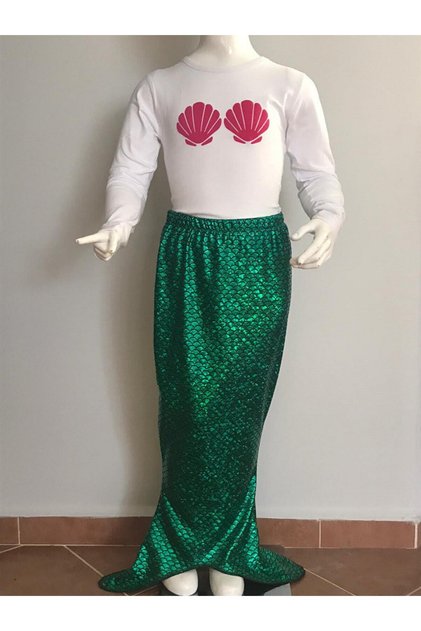 2 Pieces Mermaid Costume '' Mussel Printed Clear Body + Hologram Sequin Printed Pareo Skirt''