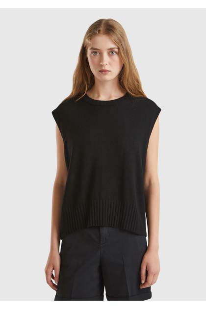 Women's Black Wool and Viscose Blend Crew Neck Sleeveless Sweater