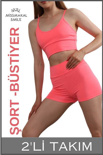 Women's High Waist Mini Shorts Boxer & Padded Strap Bustier Sports Set Neon Pink 3080