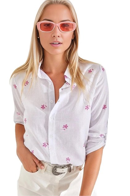 Women's Mini Pink Floral Patterned Sleeve Folded Linen Shirt with Buttons