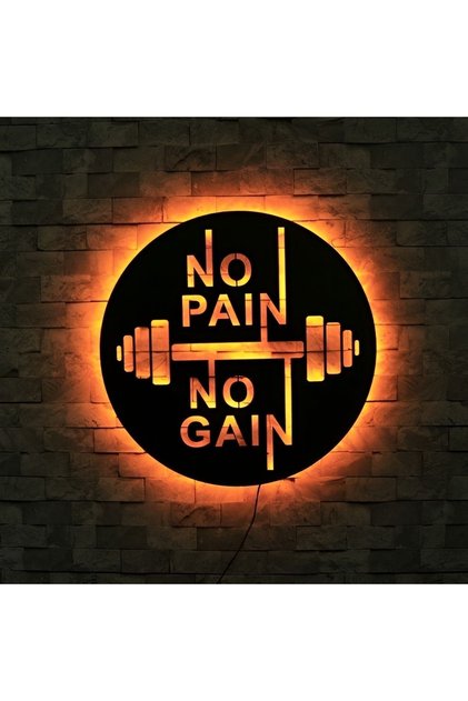 Gym No Pain No Gain Yazılı Led Işıklı Tablo -ahşap Duvar Dekoru