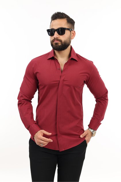 GİZLİ DÜĞME BORDO SLİM FİT GÖMLEK