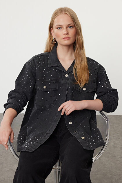 Trendyol Collection Black Stone Oversize Denim Shirt Jacket