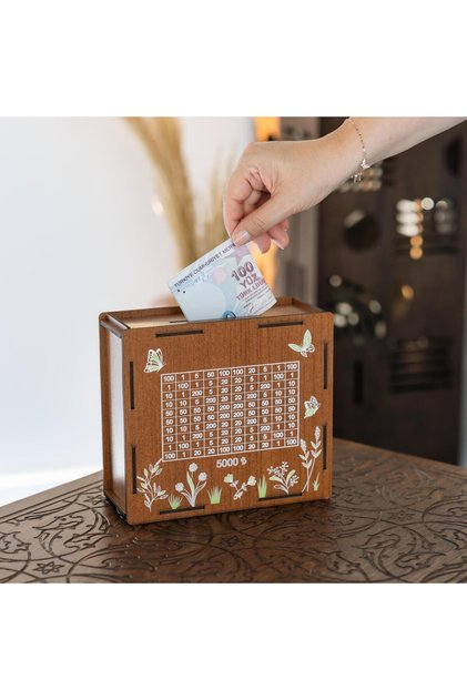 Butterfly Patterned 5000 Tl Targeted Wooden Piggy Bank - Parabox