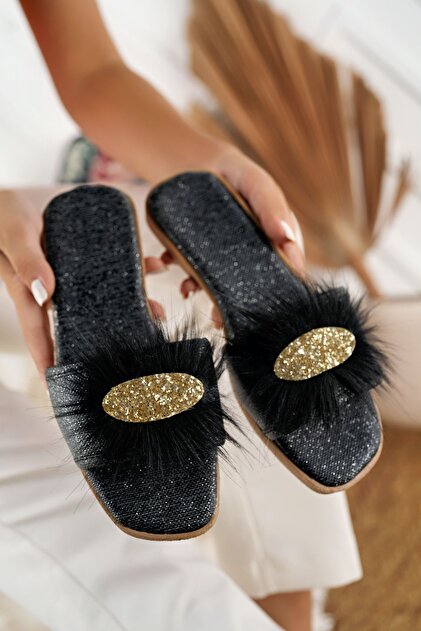 Modafırsat Black Furry Stone Women's Slippers Stylish Daily House