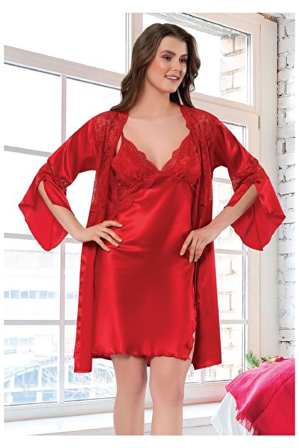 short red dressing gown Red Short Jersey Dress With Embroidered Lace And Beading