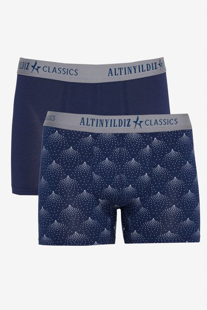 Men's Premium Cotton Navy Blue-Gray Standard Fit Patterned Stretchy 2 Pack Boxers