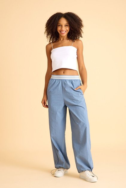 Women's Palazzo Parachute Pants with Pockets and Adjustable Leg Detail
