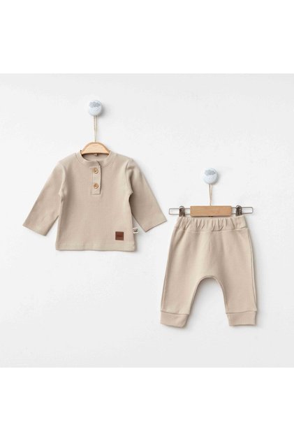 Newborn Unisex Baby Set Cotton Button Detailed Long Sleeve Top and Bottom Baby Set