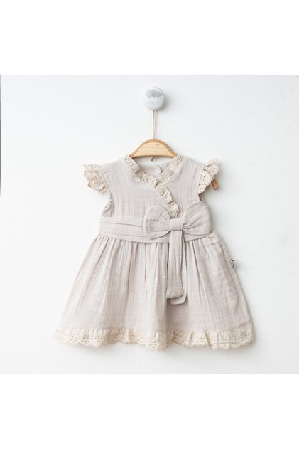 Baby Girl-Child Cotton Muslin Summer Dress Double Breasted Collar Guipure Detailed Bow Short Sleeve Dress
