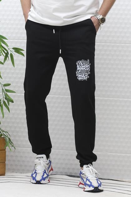 Men's Summer Combed Cotton Sweatpants with Work-Hard Print