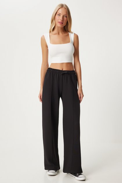 Women's Black Wide Leg Knitted Sweatpants Fn03349