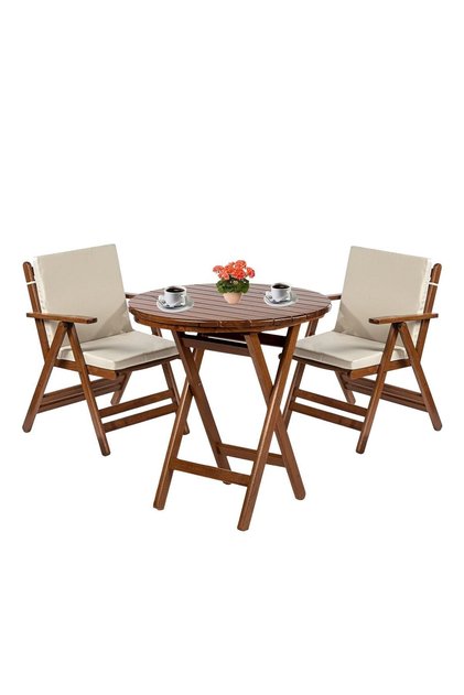 Antalya Ahşap Bahçe Balkon Takımı: 70 Cm Yuvarlak Masa + 2 Minderli Sandalye | Katlanır Set
