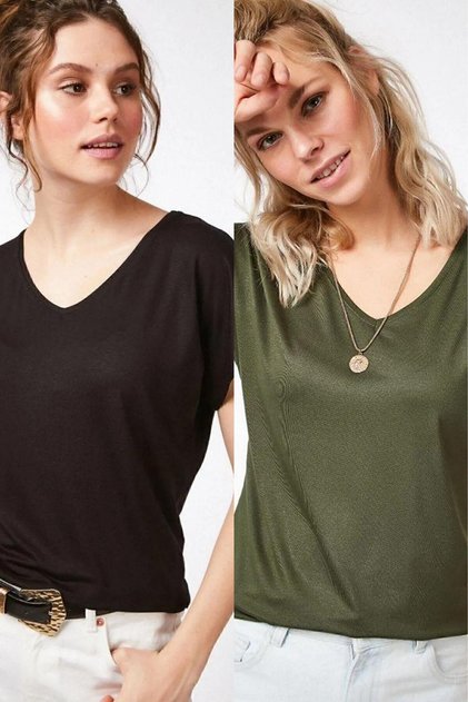 Schwarz-Khaki 2er-Pack Basic-Strick-T-Shirts für Damen