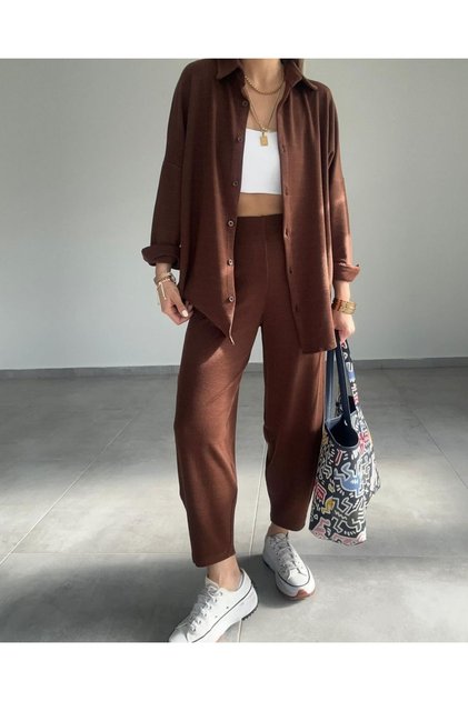 Women's Bitter Brown Cotton Soft Textured Top and Bottom Set