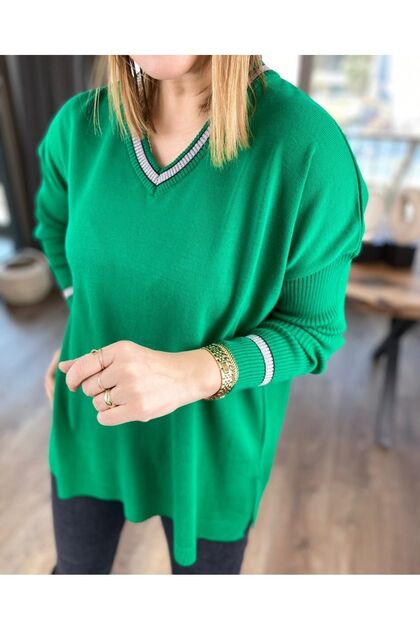 Women's Green V-Neck Glitter Detailed Long Sleeve Knitwear Sweater