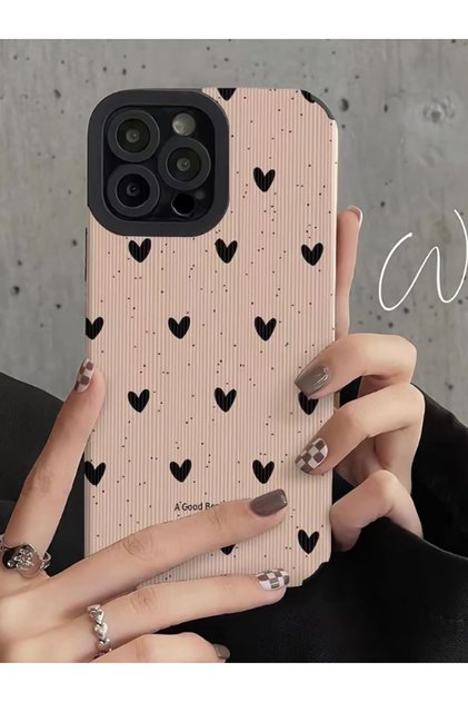 iPhone 14 Pro Max Kılıf Siyah Kalp Desenli Kamera Korumalı Estetik Zarif Yumuşak Silikon Kapak