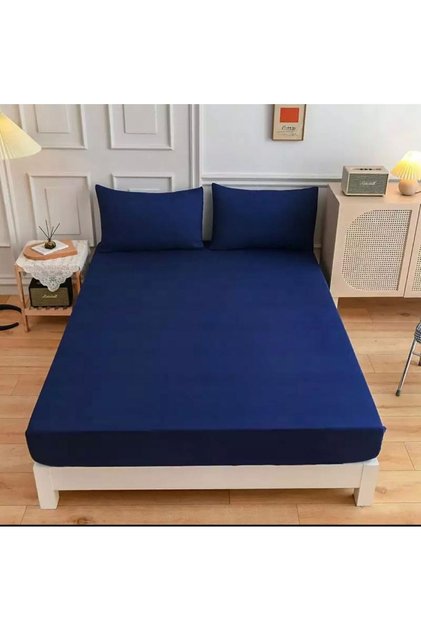 Navy Blue Colored Cotton Ranforce Fabric Single/Double Fitted Elastic Sheet Set
