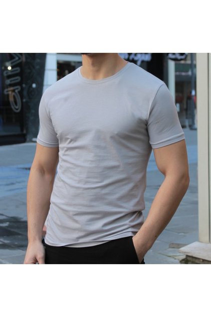 Tricou pentru bărbați, gri cu gât crew, slim fit