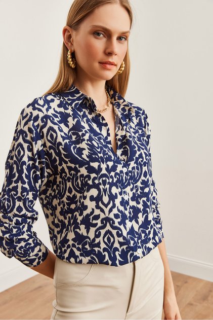 Women's Navy Blue Woven Shirt with Shawl Pattern GML-19001237