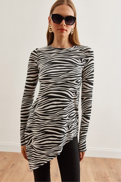 Women's Zebra White Crew Neck Asymmetrical Viscose Tunic Tnk- 19000097