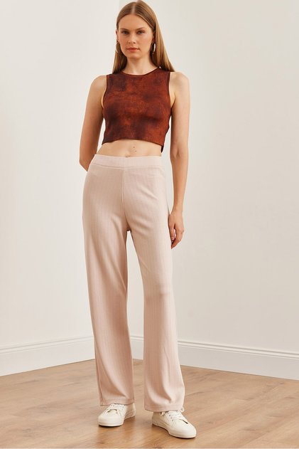 Women's Stone Thick Ribbed Modal Button Palazzo Pants Pnt- 19000288