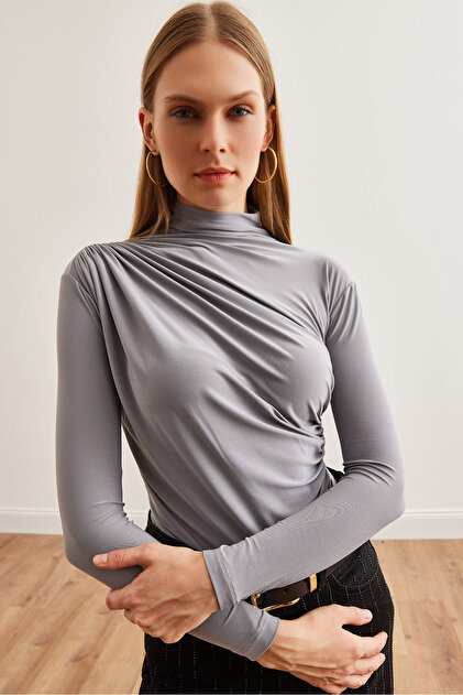 トップス deres 16th bottle neck drape blouse Olalook Women's Gray Drape Detailed Flowy Stylish Blouse Blz