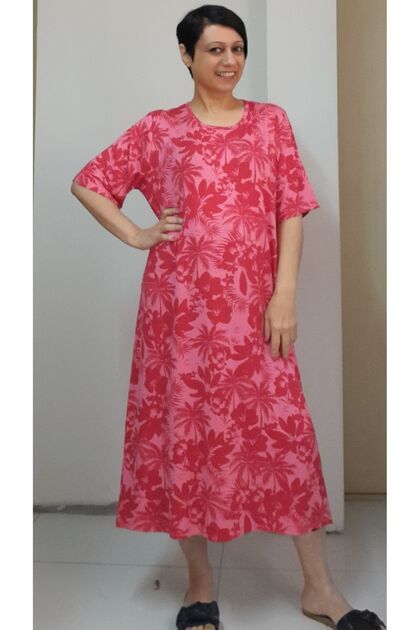 Round neck pink red print combed cotton Viscose Dress