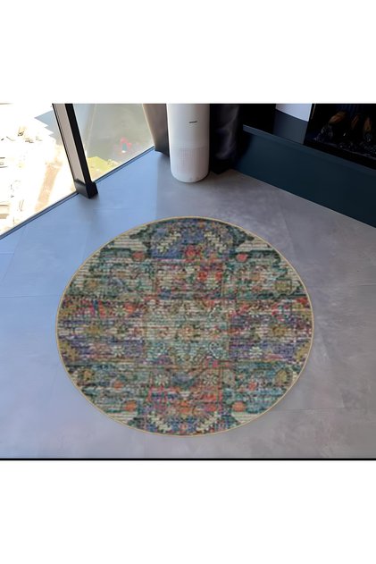 Multicolored Traditional Motif Patterned Round Woven Base Vintage Decorative Carpet 6056
