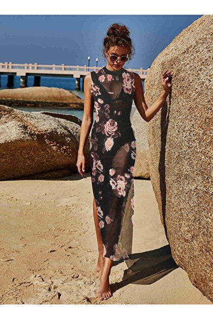 Parakini Tulle Pareo Floral Transparent Beach Dress- Trendyol Parakini Tulle Pareo Floral Transparent Beach Dress- Trendyol