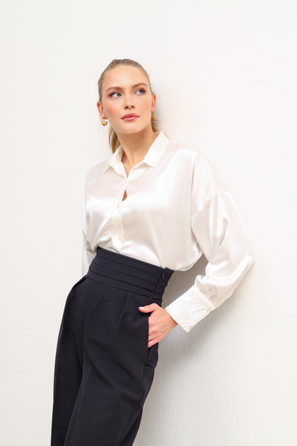 Women's Wide-Leg Fabric Trousers with Waist Detail
