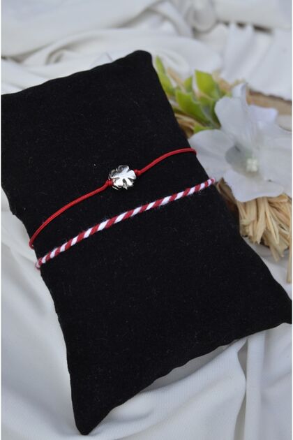 Clover Red String Lucky Bracelet and Marteniçka Set - Gold