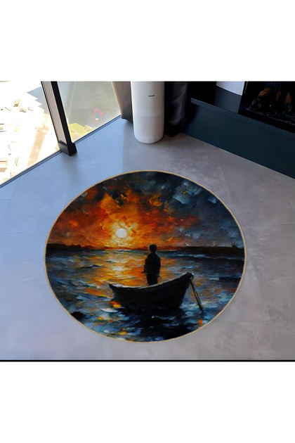 Sea Sunset and Human Pattern on a Kayak Round Woven Base Modern Decorative Carpet 6042