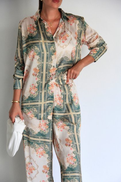 Julidress Women's Satin Premium Shirt and Pants Set - Multicolor and Special Pattern