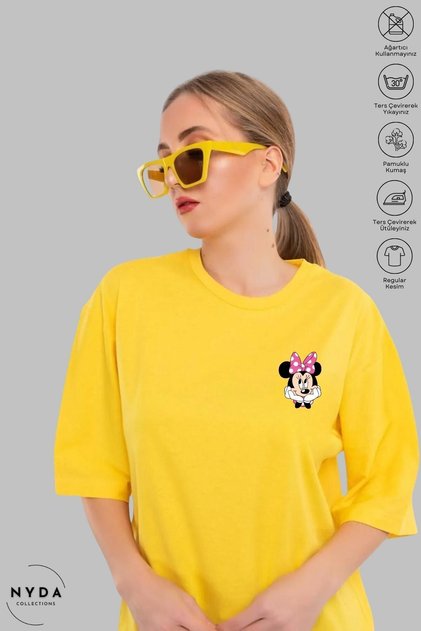 Women's Oversize Crew Neck Cotton Minimal Minnie Mouse Printed Short Sleeve T-Shirt