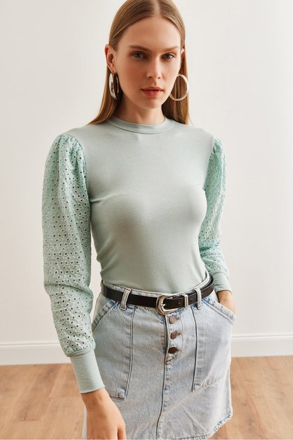 Women's Water Green Sleeve Scalloped Detailed Seasonal Viscose Blouse Blz- 19002711