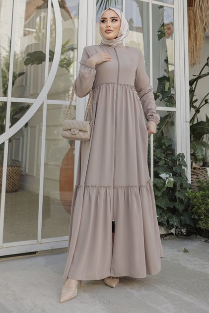 Gathered Detail Zippered Abaya - Beige