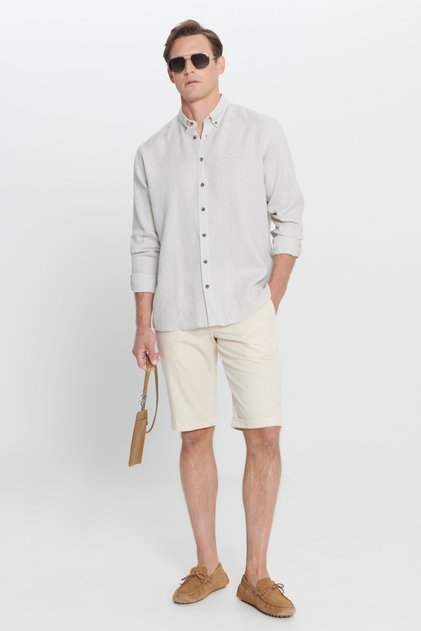 Men's Ecru Slim Fit Tight-Fitting 100% Cotton Side Pocket Shorts