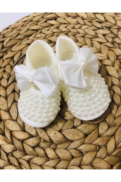 Kız Bebek Parlak Incili 0-6 Ay Arası 10cm Hediyelik Patik Lüx Cırtcıtlı