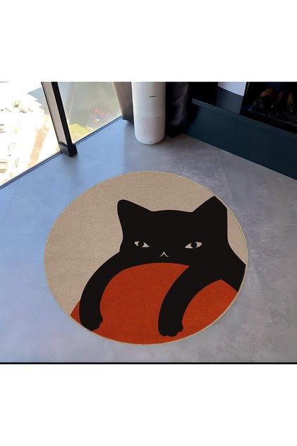 Pastel Colors Abstract Cat Patterned Round Woven Base Modern Decorative Carpet 6029
